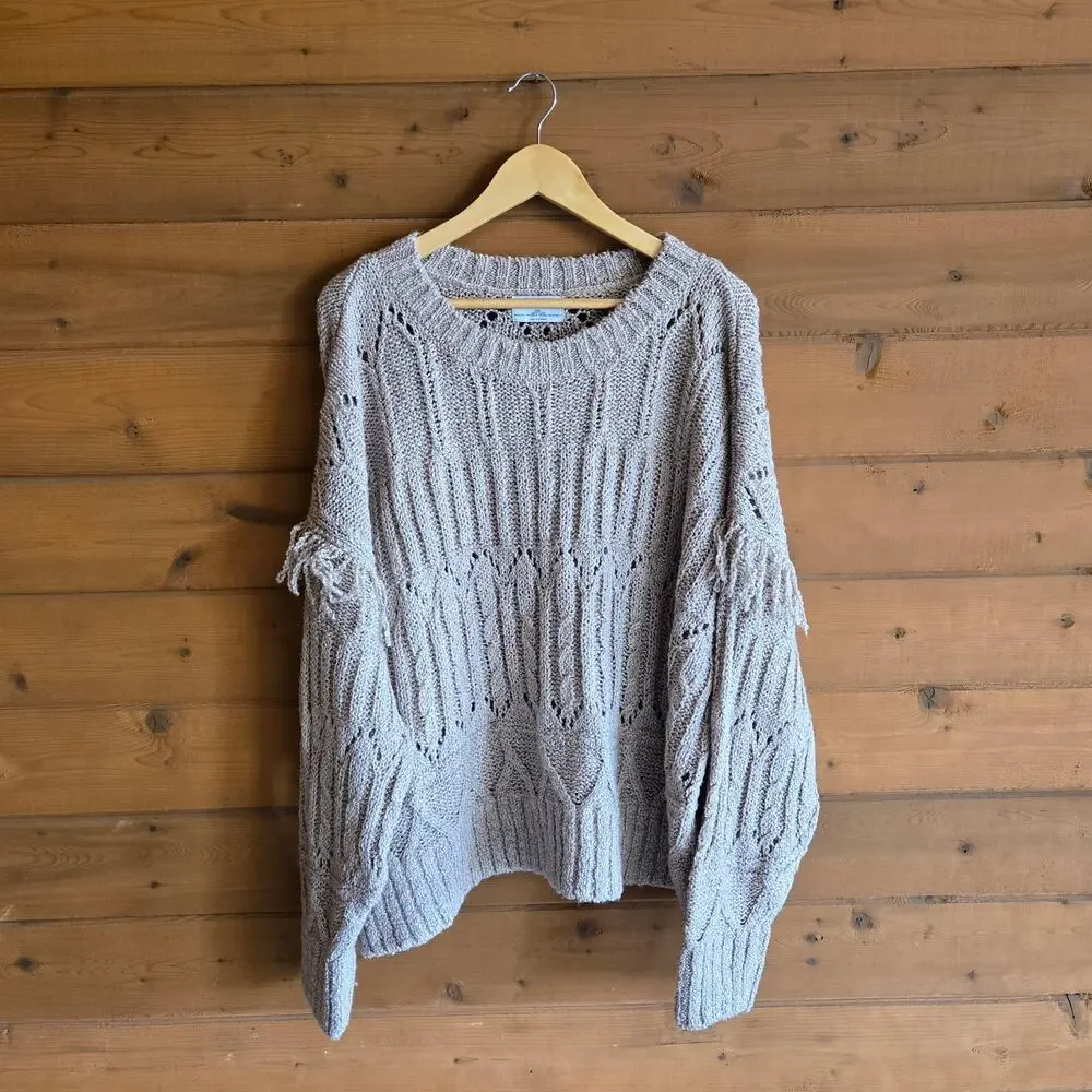 Old Navy Textured Fringe Pullover Sweater Light Brown Heather NWT XXL Eyelet - Picture 2 of 5